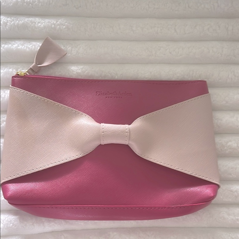 Elizabeth Arden NWOT Pink and Cream Bow Cosmetic Bag